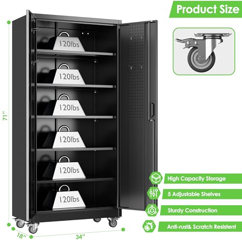 Aobabo 71" H×34" W×18" D Garage Metal Storage Cabinet with Wheels, Locking Steel Storage Cabinet with 5 Shelves and 4 Hooks, for Home Office, School, Assembly Required, Black Silver