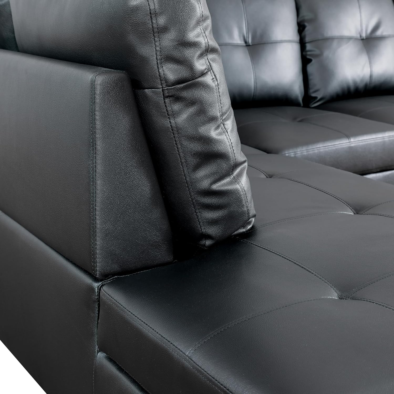 103 Inch L Shape 3 Piece Sectional Sofa Set, Upholstered Corner Couch with Storage Ottoman & Right Chaise Lounge, Faux Leather Tufted Cushions, for Living Room, Apartment, Black