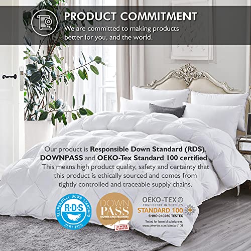 Luxurious Goose Down Feather Fiber Comforter Queen Size All-Season Duvet Insert, Premium Baffle Box, 100% Egyptian Cotton Cover, 65 oz Fluffy Fill Weight - White Pinch Pleat