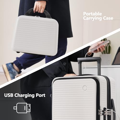 Carry-On Luggage 20 Inch Front Open Luggage Grace Expandable Carry On Luggage Hardside Carry On Suitcase With Wheels Tsa Lock And Usb Port Small Suitcase With Portable Carrying Case (White)