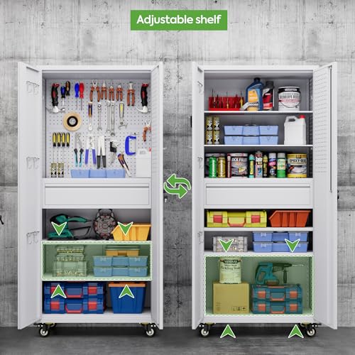 73" H Metal Storage Cabinet with Wheels, Garage Storage Cabinet with 4 Adjustable Shelves and Lockable Doors for Garage Home Office Utility Room,Required Assembly,Black