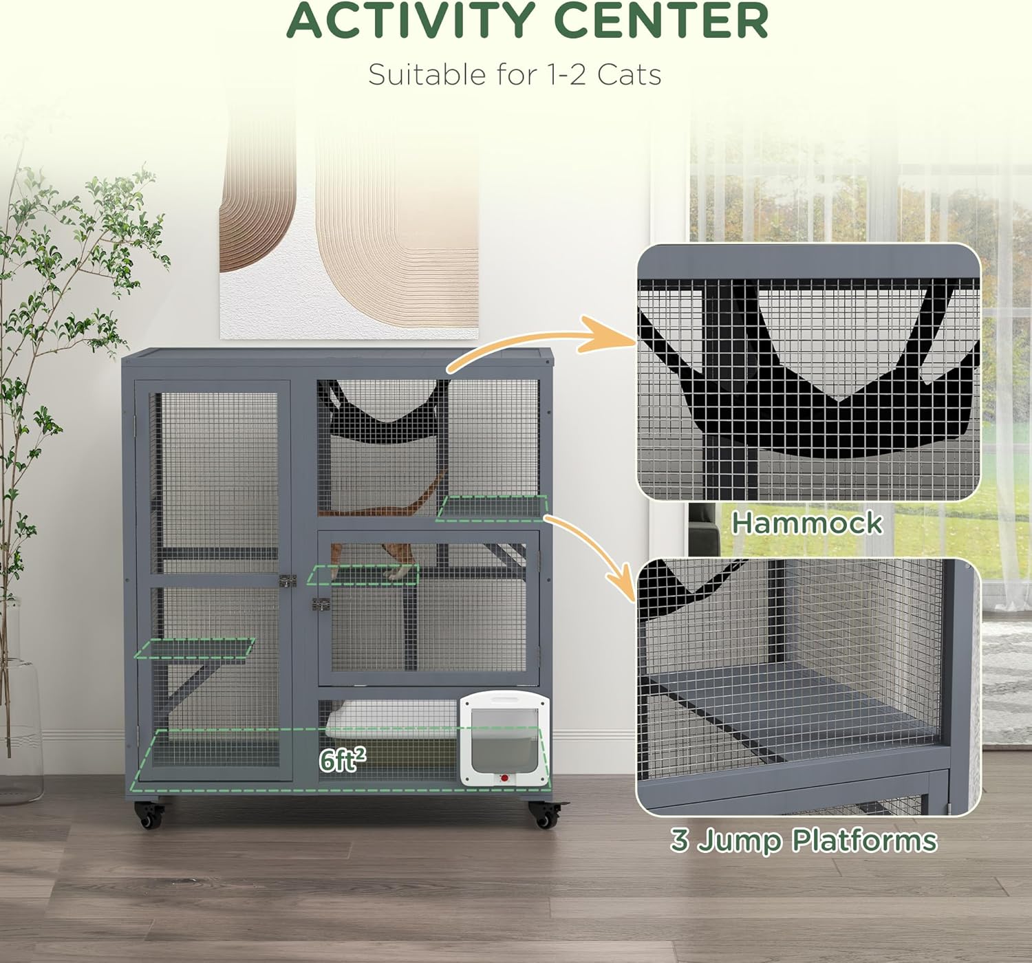 Catio Outdoor Cat Enclosure with Roof Cat House Height 37" Large Wooden Cat Cage with 4 Jumping Platforms for Cat Activity,Grey