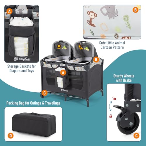 Twin Bassinet & Full-Size Infant Bassinet & Playard for Baby, includes 2 Removable Rock-A-Bye Portable Bassinets with Storage Bags, Light Gray