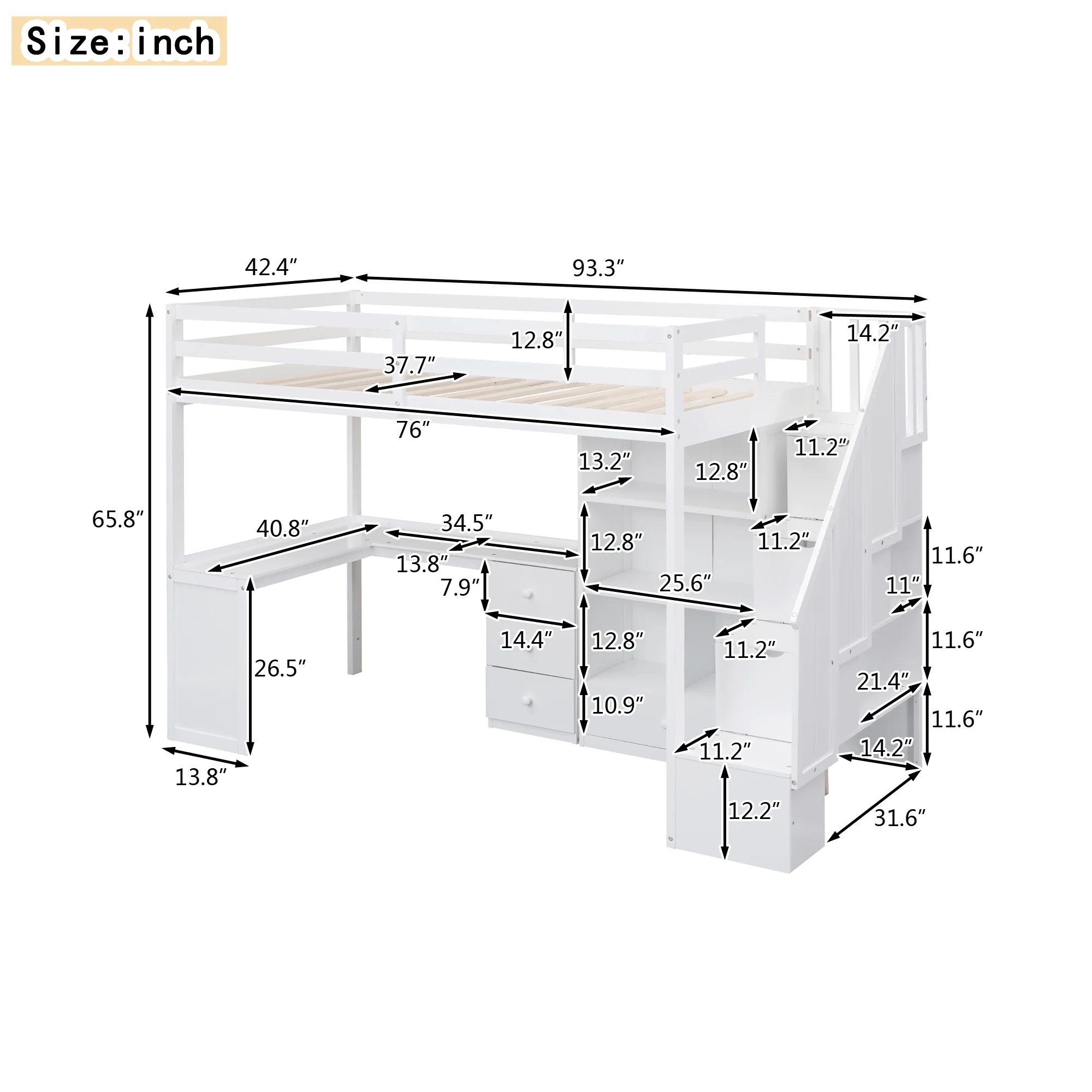 Twin Wood Loft Bed with L-Shaped Desk and Drawers, Cabinet and Storage Staircase, Loft Twin Bed with Desk for Teenagers, Multiple Functions Bed, Easy to Assemble (White)