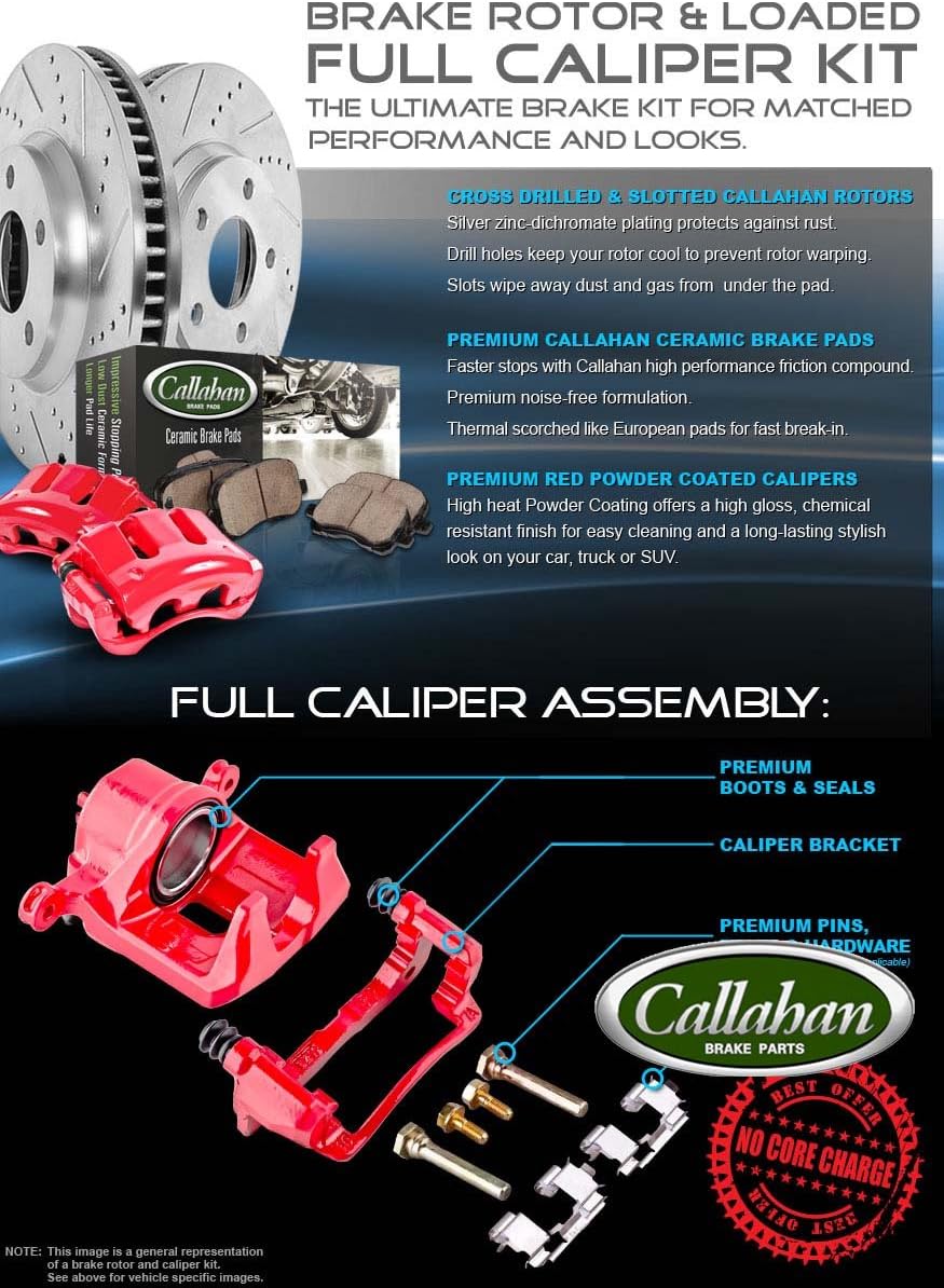 Callahan CCK03629 [4] FRONT + REAR Premium Red Calipers + [4] Drilled/Slotted Rotors + Ceramic Brake Pads + Hardware Kit