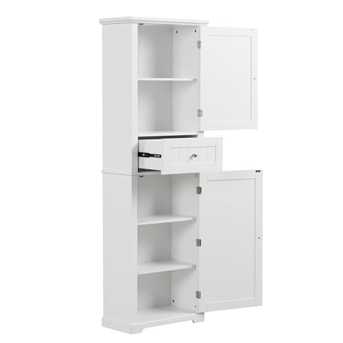 Tall Bathroom Storage Cabinet, Freestanding Storage Cabinet with 2 Doors, 5 Shelves, and 1 Drawer, Narrow Bathroom Cabinet with Adjustable Shelf, Linen Cabinet for Living Room and Bedroom (White)