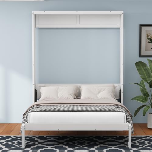 Murphy Bed,61.5-inch Cabinet Bed Folding Wall Bed with Desk Combo Perfect for Guest Room, Study, Office, White (Queen)
