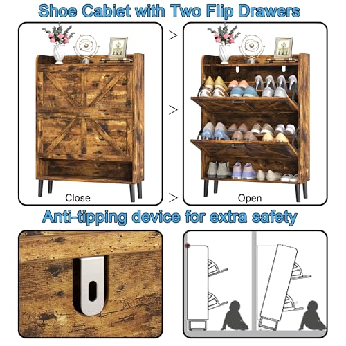 HOMEFORT Shoe Storage Cabinet for Entryway, Slim Shoe Organizer with Two Flip Drawers, Narrow Shoe Rack Cabinet with Wood Legs, Farmhouse Hidden Shoe Cabinet for Front Door Entrance,Rustic Brown