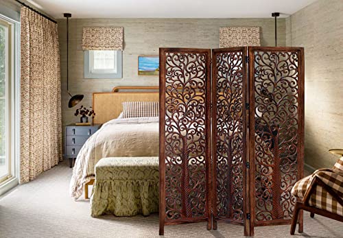 Room Divider Wood Screen - Ghanti Bells Antique Brown - 4 Panel Folding 72 x 80 - Assembled Hand Carved Decorative Functional Versatile Portable Partition Reversible Privacy Boho - COTTON CRAFT