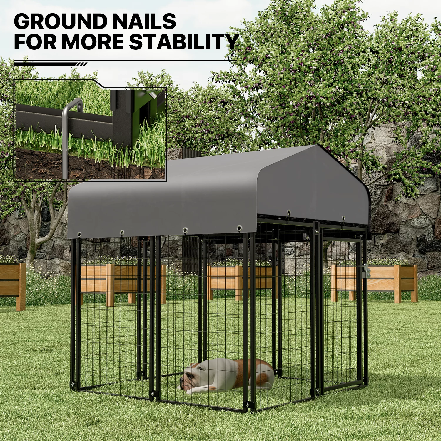 MoNiBloom 4ft x 4.25ft x 4.5ft Outdoor Dog Kennel with UV Protection Waterproof Cover and Roof, 8 Panels Welded Dog Pen Dog Playpen Dog Enclosure for Medium Dogs