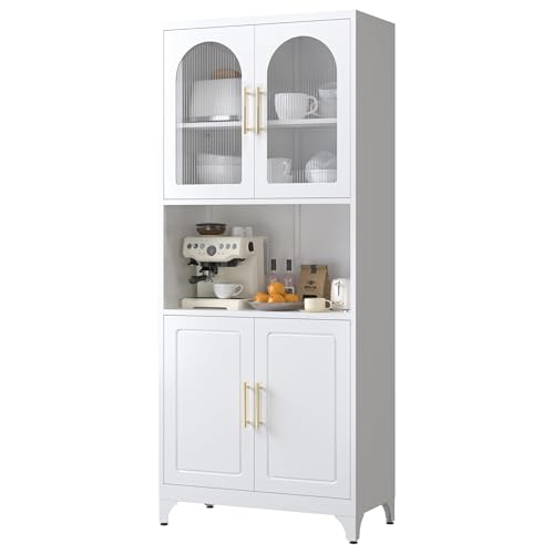 Kitchen Pantry Cabinet with Acrylic Glass Doors, 75" Metal Kitchen Hutch with Countertop, Adjustable Shelves, Freestanding Food Pantry Cabinet for Living, Dining Room, Black, Assembly Required