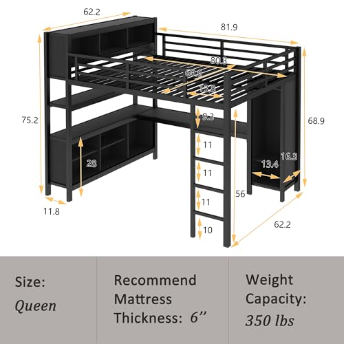 Linique Metal Loft Bed with Wardrobe & L-Shaped Desk - Sturdy Space-Saving Loft Bed Includes Storage Cubes, Shelves for Kids, Teens, Adults (White, Queen)