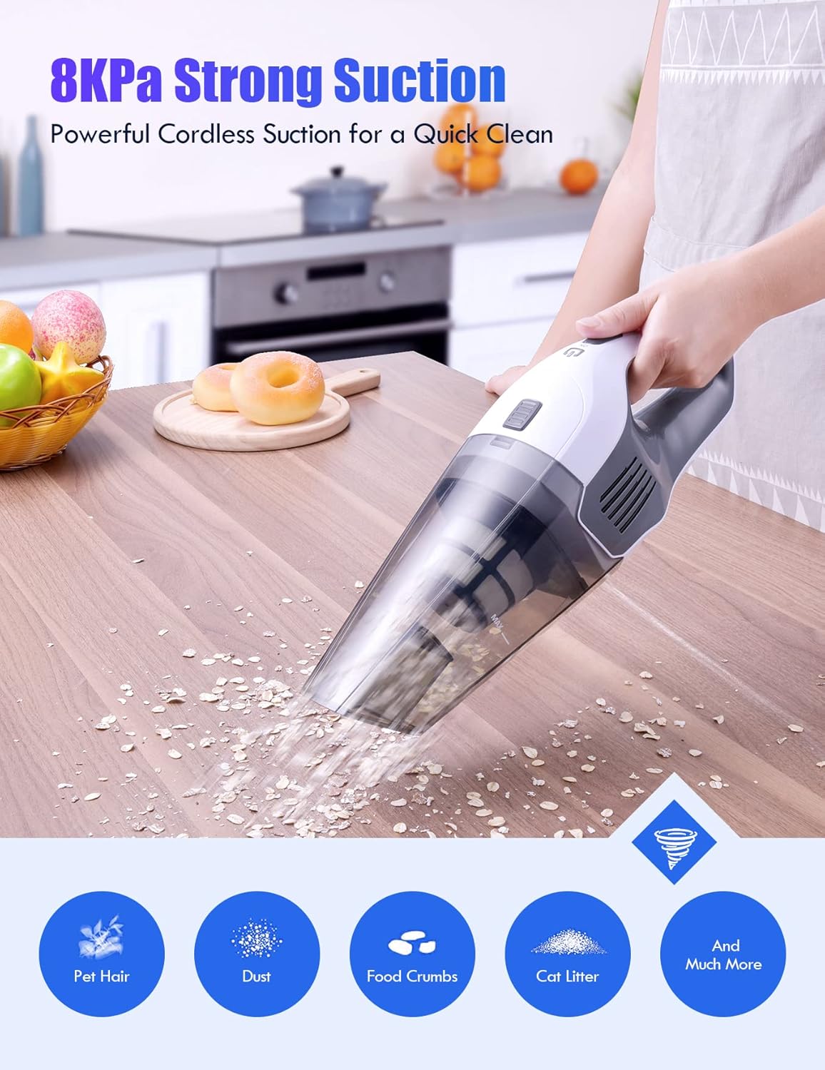 Handheld Vacuum 8000Pa, Wall-Mounted Rechargeable Powerful Hand-held Cordless Vacuum Cleaner with 30min Runtime, 3H Quick Charge Multipurpose Lightweight Hand Vacuum for Dust Carpet Stair Pet Hair