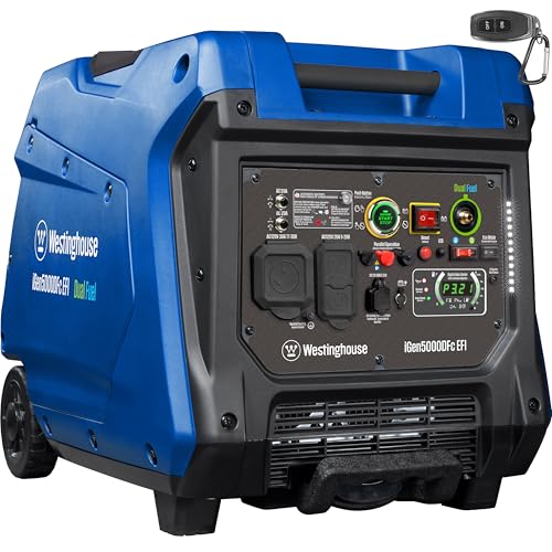 Westinghouse 5000 Peak Watt Super Quiet Dual Fuel Portable Inverter Generator, Remote Electric Start, Gas & Propane Powered, RV Ready 30A Outlet, Parallel Capable, Blue/Black