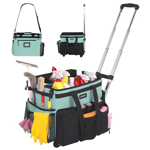 Large Rolling Cleaning Caddy Bag with Detachable Trolley, Waterproof Cleaning Caddy on Wheels for Housekeepers, Cleaning Cart Supplies Organizer for Home,Car,Office,Picnic (Blue-Green) (Patent)
