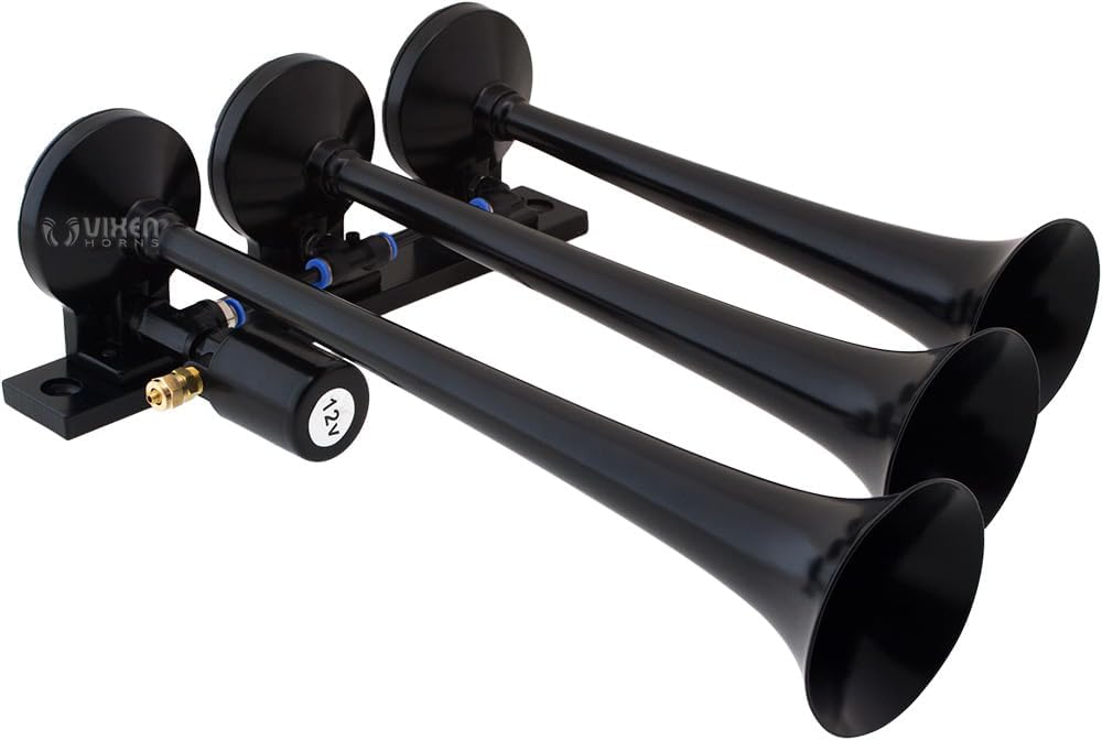 Vixen Horns Train Horn Kit for Trucks/Car/Semi. Complete Onboard System- 150psi Air Compressor, 1.5 Gallon Tank, 3 Trumpets. Super Loud dB. Fits Vehicles Like Pickup/Jeep/RV/SUV 12v VXO8715B/3118B