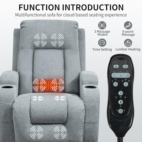 Power Lift Recliner Chair with USB Charging Port, 2 Cup Holders, Side Pockets, Waist Heating 8 Point Massage Chair, Up to 350 LBS Power Lazy Sofa Gray One Size