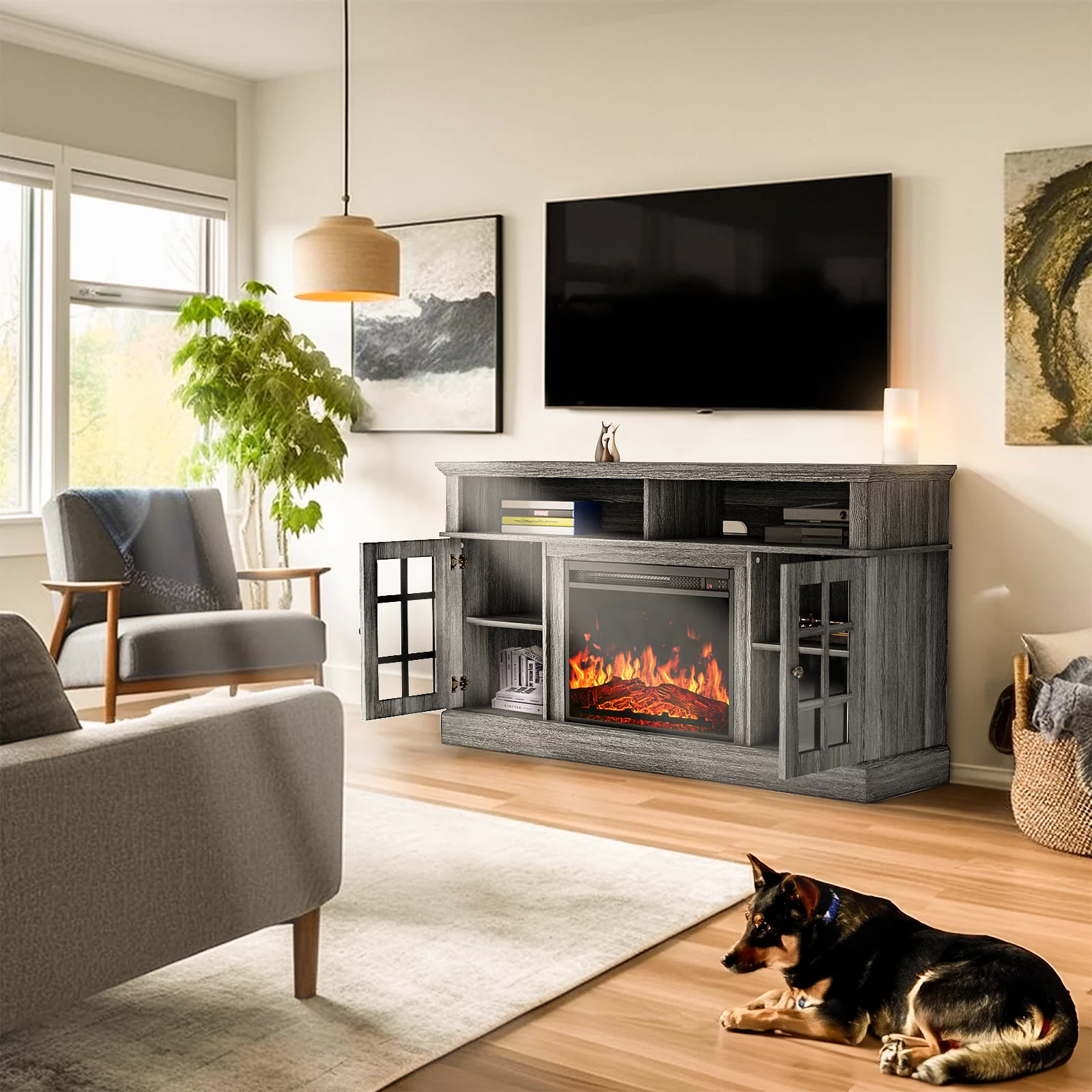 Electric Fireplace TV Stand with 23″ Fireplace for up to 65 Inch TVs, Fireplace TV Console Entertainment Center with Adjustable Shelves, Holds up to 200 lbs