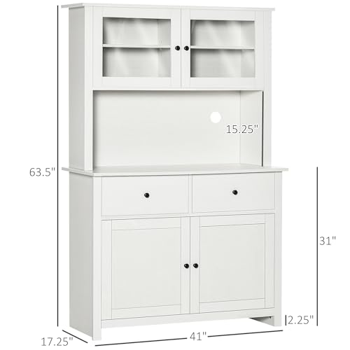 HOMCOM 63.5" Kitchen Buffet with Hutch, Pantry Storage Cabinet with 4 Shelves, Drawers, Framed Glass Doors, Open Microwave Countertop, Antique White