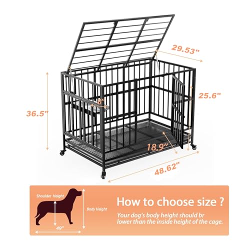 LOVMOR 48" Heavy Duty Dog Crate with Wheels/Unique Air Lift Rod / 360° & Adjustable 2 Bowls/Removable Dog Cage Tray Extra Large XL XXL Dog Crate