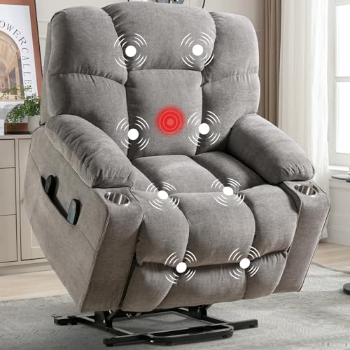 CANMOV Oversized Power Lift Recliner Chair for Elderly, Dual Motor Electric Heavy Duty Lift Recliner with Massage, Heating, USB Port, Cup Holders and Pockets, Brown