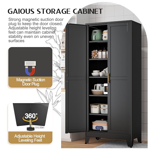 75.2" Tall Metal Pantry Cabinet, Storage Cabinets with 4 Door and 4 Adjustable Shelves, Black Kitchen Pantry Storage Cabinet, Freestanding Cupboard for Kitchen Dining Room Living Room Bathroom