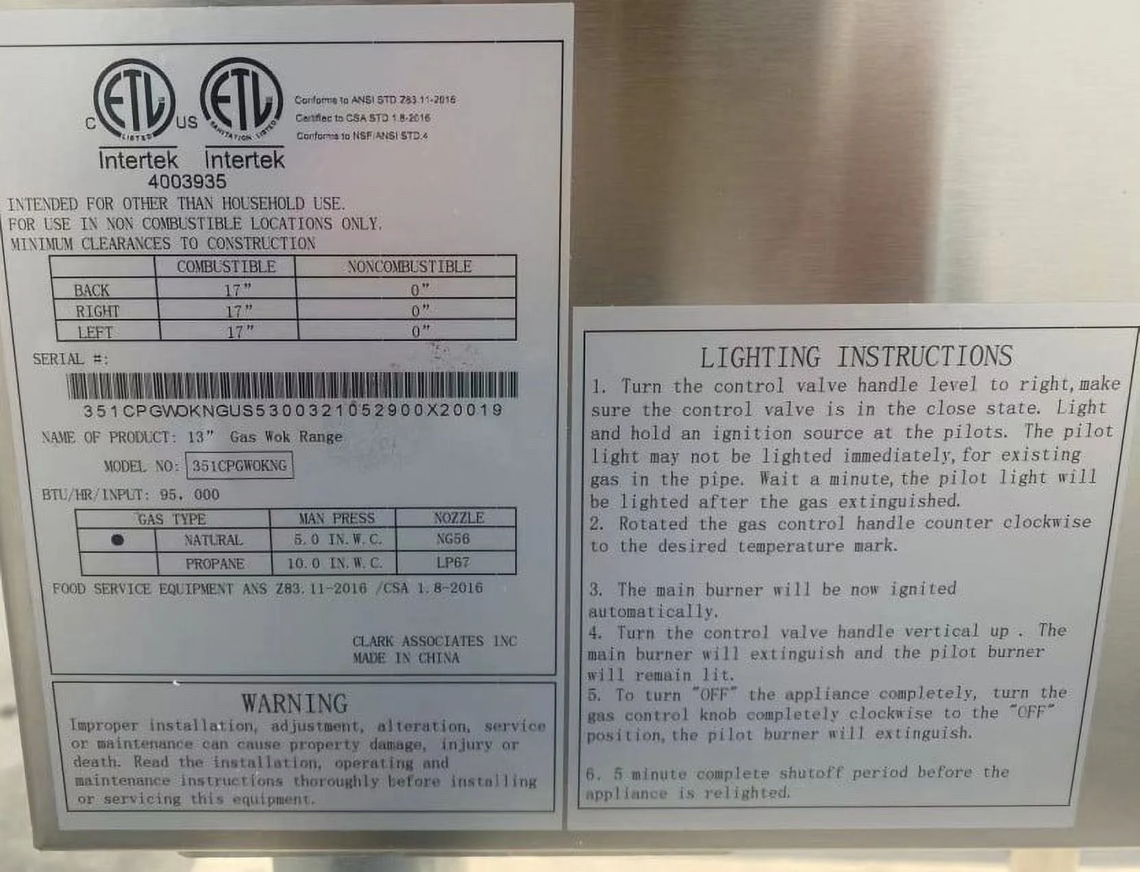 18ins one hole chinese wok range Propane NSF CP-WOK