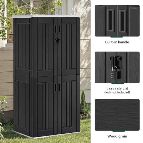 YITAHOME Outdoor Storage Cabinet with 2 Shelves, Waterproof Resin Horizontal Tool Shed, Lockable 15 cu. ft. Storage Shed for Patio, Garden, Yard, Dark Gray