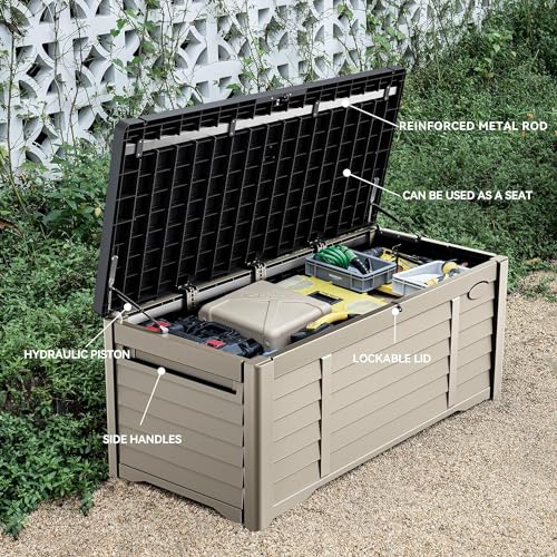 DWVO Large Deck Box 120 Gallon Waterproof Outdoor Storage Box, Extra Large Outdoor Storage Bin, Resin Louvered Patio Storage for Outdoor Pillows, Garden Tools & Pool Supplies, Lockable, Dark Brown