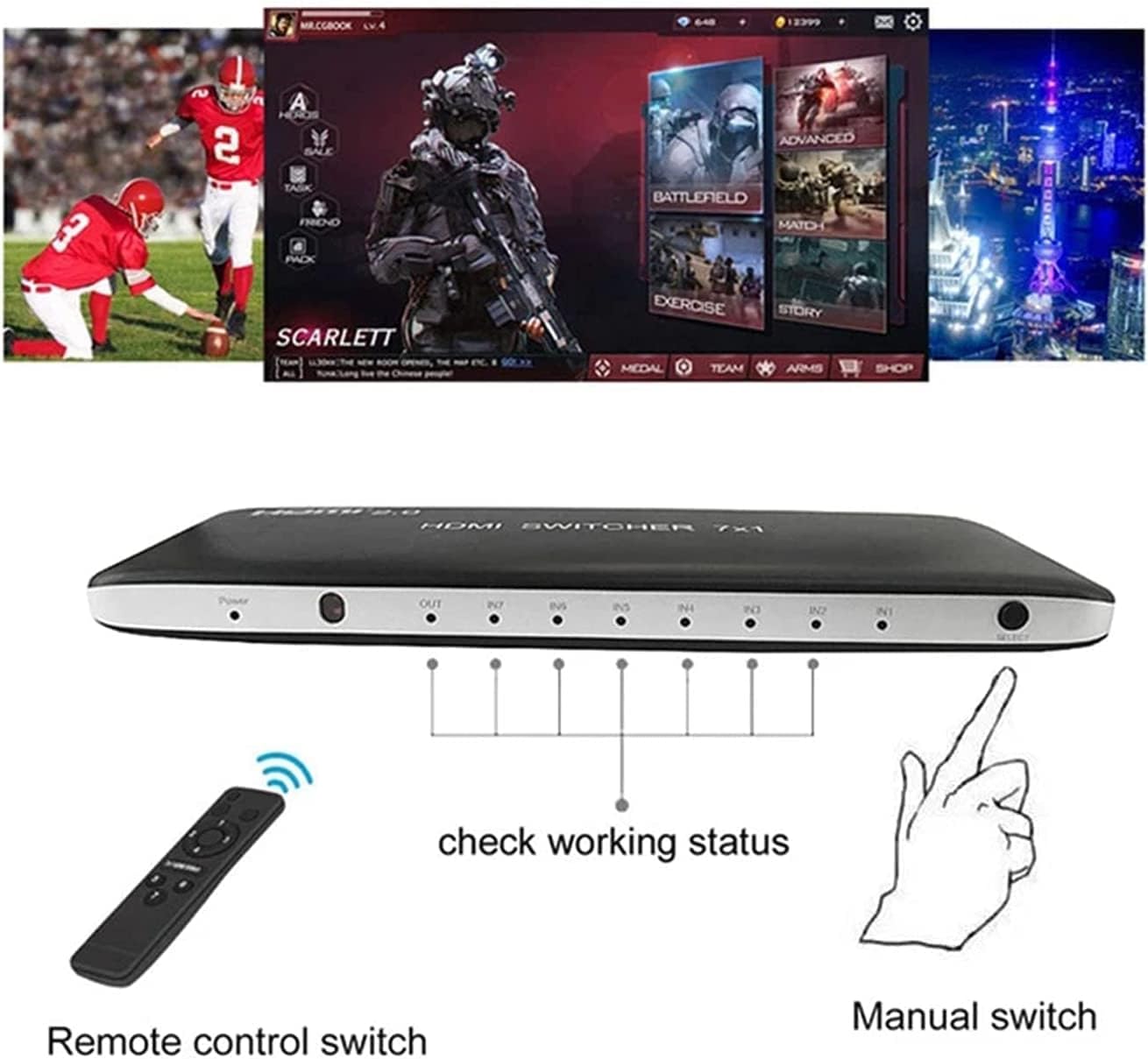 HDMI Switch 7x1 HDMI Switcher 7 in 1 Out HDMI Switch Selector 7Port Box with IR Remote Control HDMI 2.0 HDCP 2.2 Support 4K@60Hz Ultra HD 3D with and Power Adapter (US Power Supply) Pack of 2