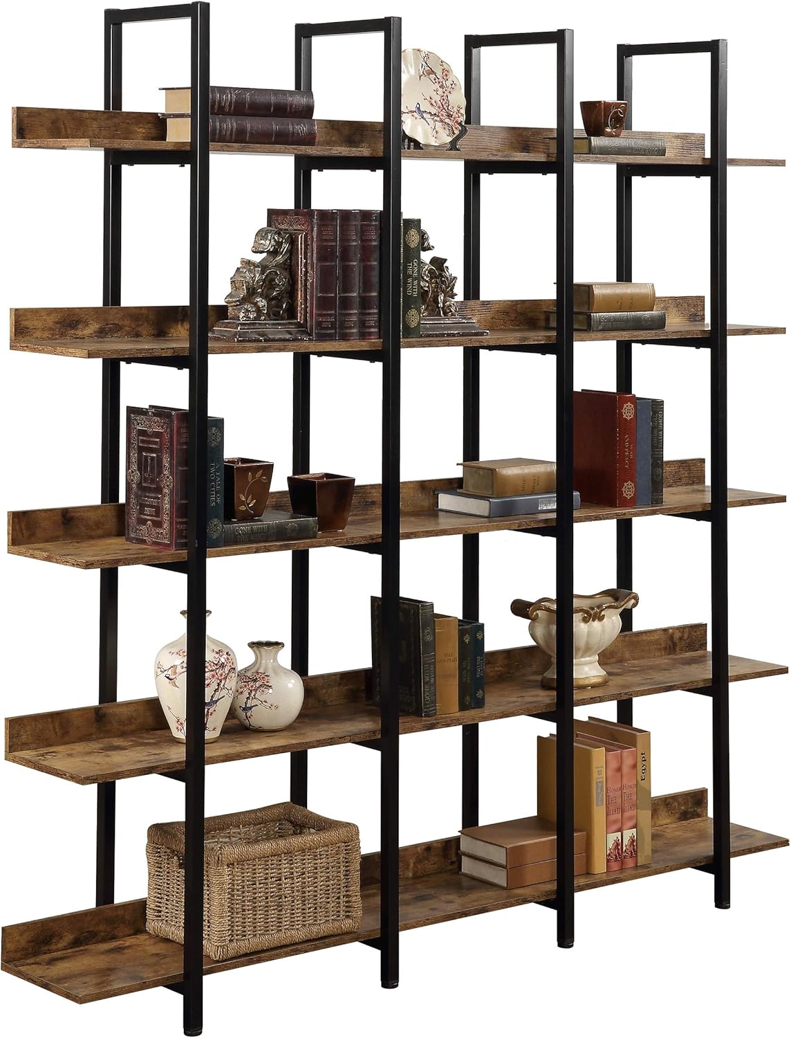 5 Tier Bookcase Home Office Open Bookshelf, Vintage Industrial Style Shelf with Metal Frame, MDF Board