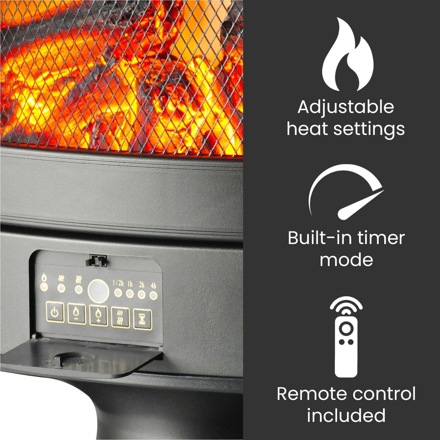 Hanover Fireside 1500W Black Steel Freestanding Electric Fireplace with Log Display and Realistic Flames, Modern Portable Fireplace Heater for Home Living, Basement and Office with Remote Control