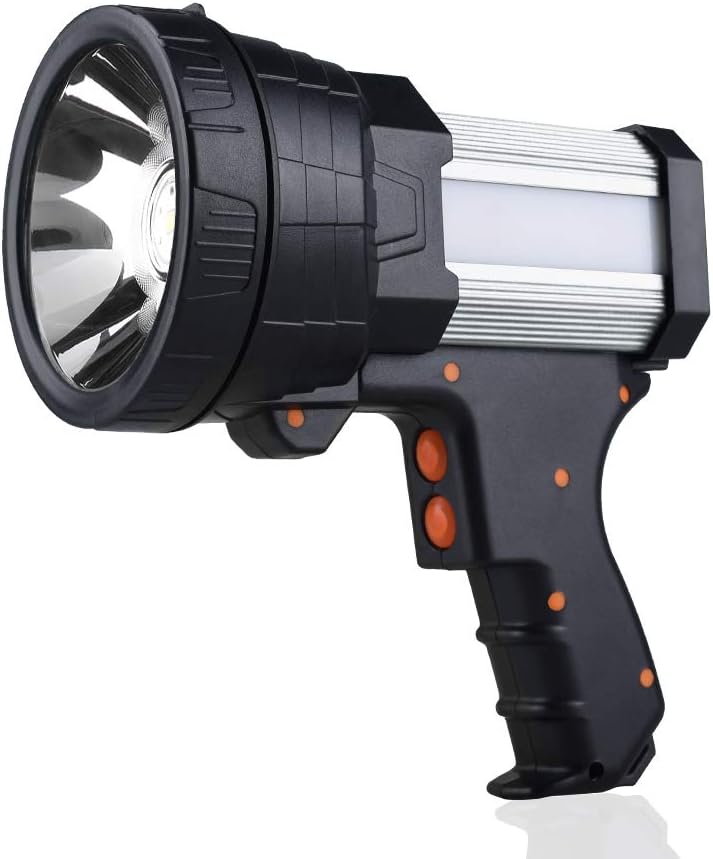 YIERBLUE Rechargeable spotlight, Super Bright 10000 Lumen LED Handheld spotlight 10000mAh Long Lasting Large Flashlight Searchlight and Flood Camping Flashlight with Foldable Tripod(Silver) Pack of 2