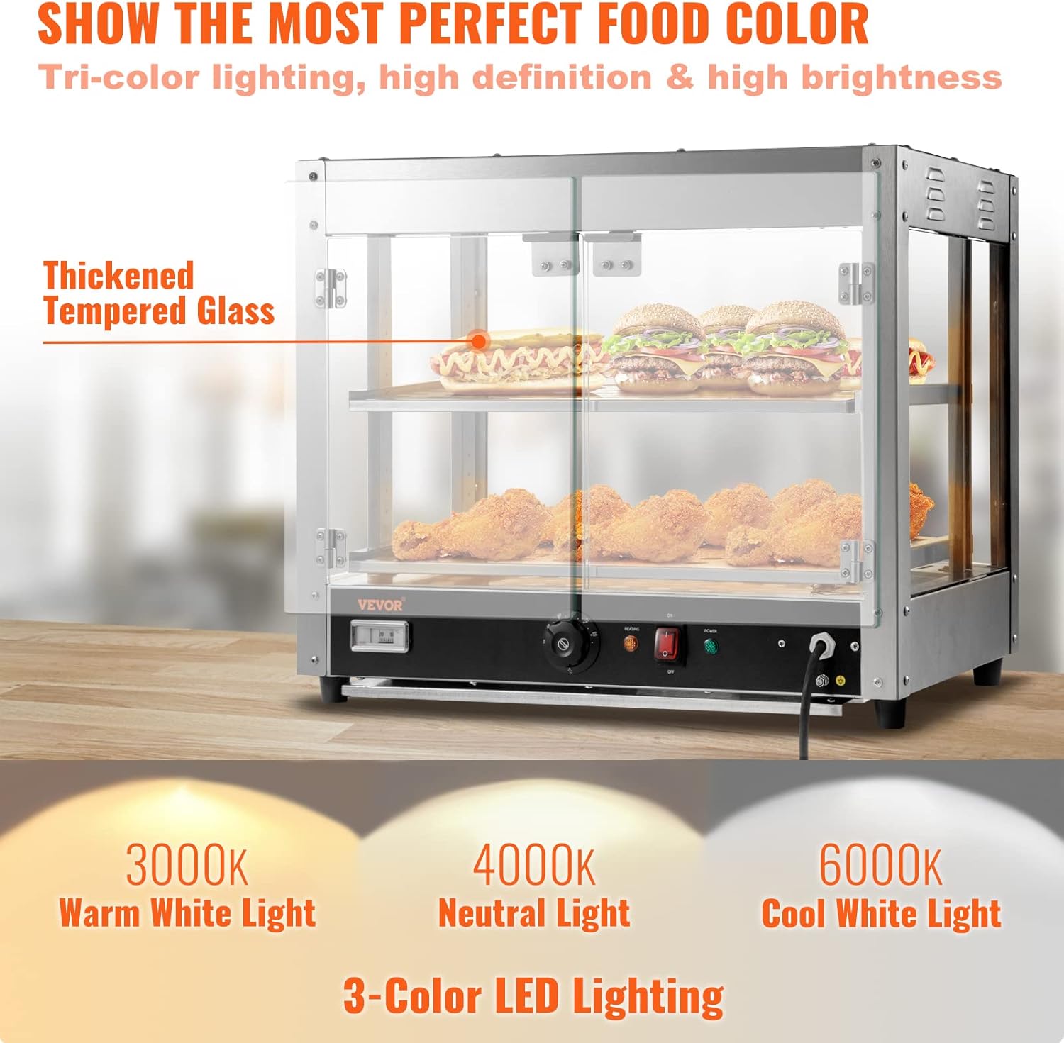 VEVOR 110V 24-Inch Commercial Food Warmer Display, 2-Tier 800W Electric Pizza Warmer Display 86-185℉, Tempered-Glass Door Pastry Display Case, Restaurant Heated Cabinet…