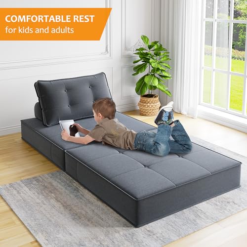 Folding Sofa Bed with Back Support, Large Convertible Sleeper Chair Floor Couch with Pillow, Foldable Mattress Portable Chair Bed Floor Sofa Lounge for Living Room Bedroom Apartment (Beige)