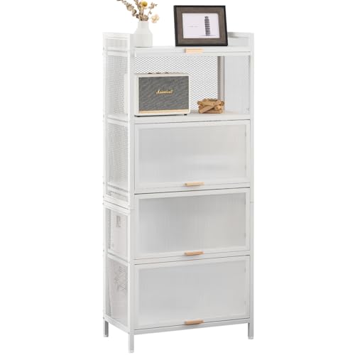 White, 5 Shelf Cabinet,Kitchen Storage Cabinets with Door and Shelves,Kitchen Bread Rack Plastic Storage Unit for Garage, Basement, Attic, Mudroom,Kitchen,Study, Living Room, Bedroom