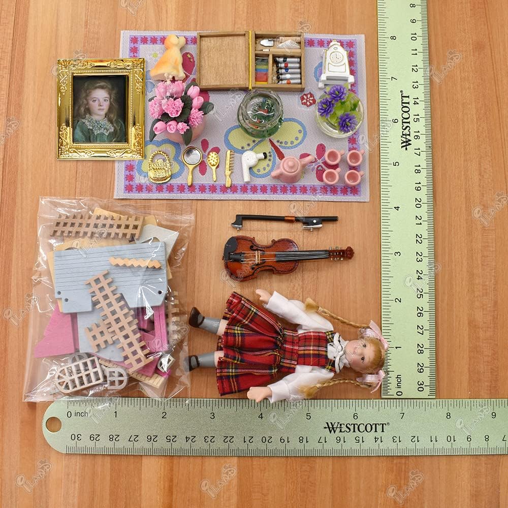 iLAND Dollhouse Furniture of Miniatures Pink Dollhouse Bedroom on 1/12 Scale for Girls, Dollhouse Bed w/ Piano (Sweet Doll Furniture 6pcs)