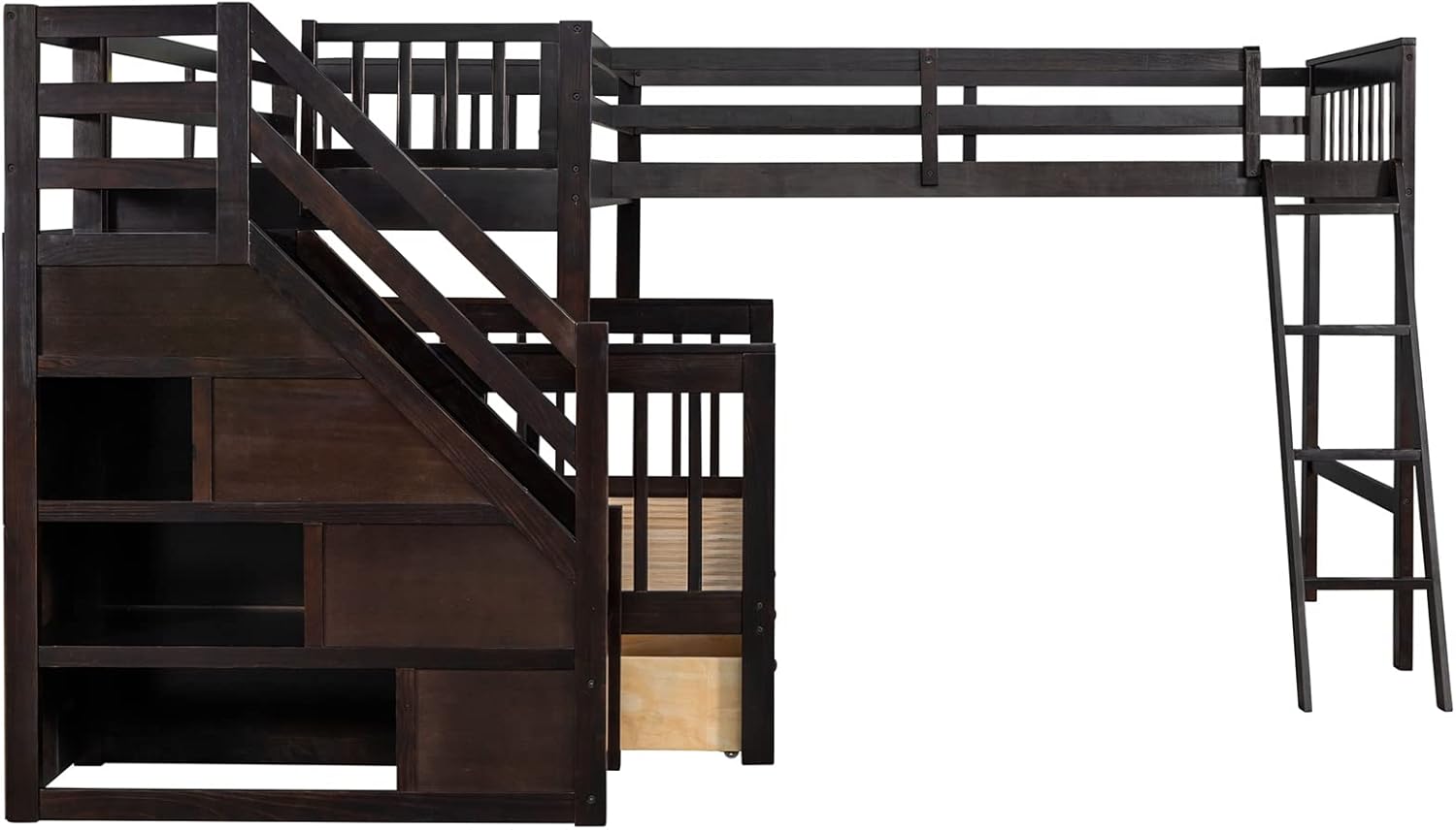 Bellemave L-Shape Triple Bunk Beds with Stairs and Storage Drawers Twin Over Full Bunk Bed Attached a Loft Bed with Drawers Wood Corner Bunked for 3 Kids Boys Girls Teens, Espresso