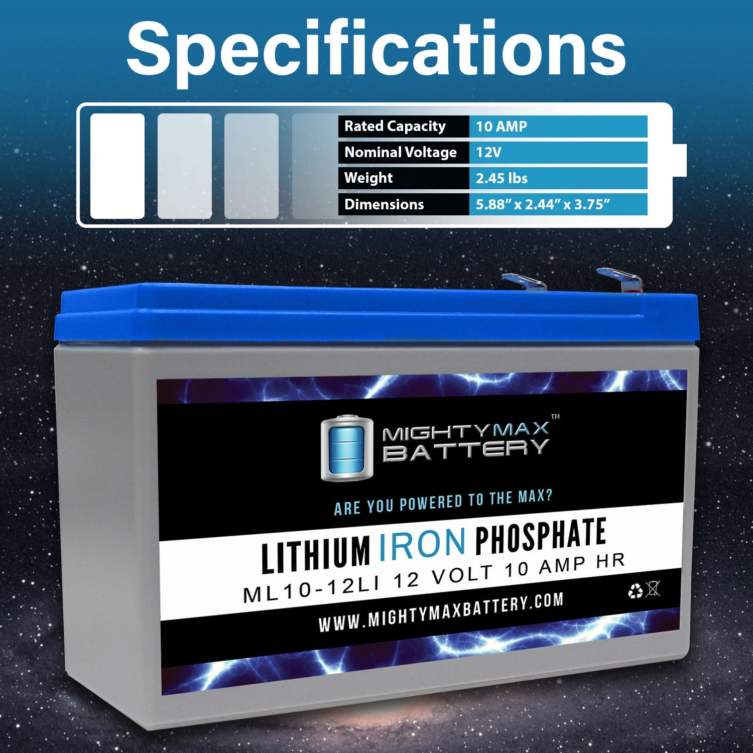 12V 10AH Lithium Replacement Battery compatible with Panasonic LC-R127R2P1VRLA - 3 Pack