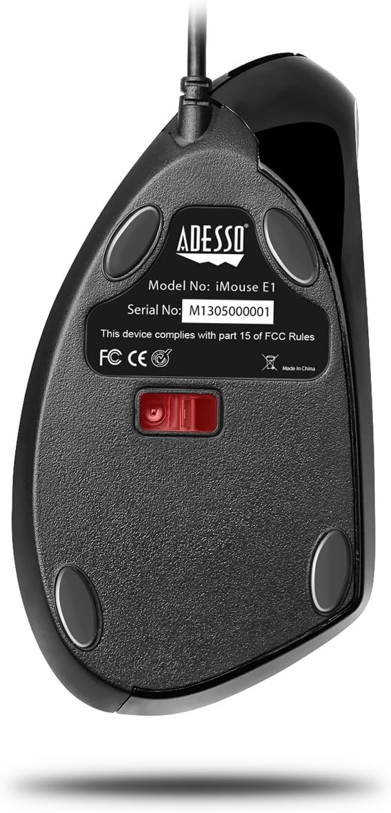 Adesso iMouse E1 - Vertical Ergonomic Illuminated Mouse - Optical - Cable - Glossy Black - USB - 1600 dpi - Scroll Wheel - 6 Button(s) - Right-Handed Only - IMOUSE E1
