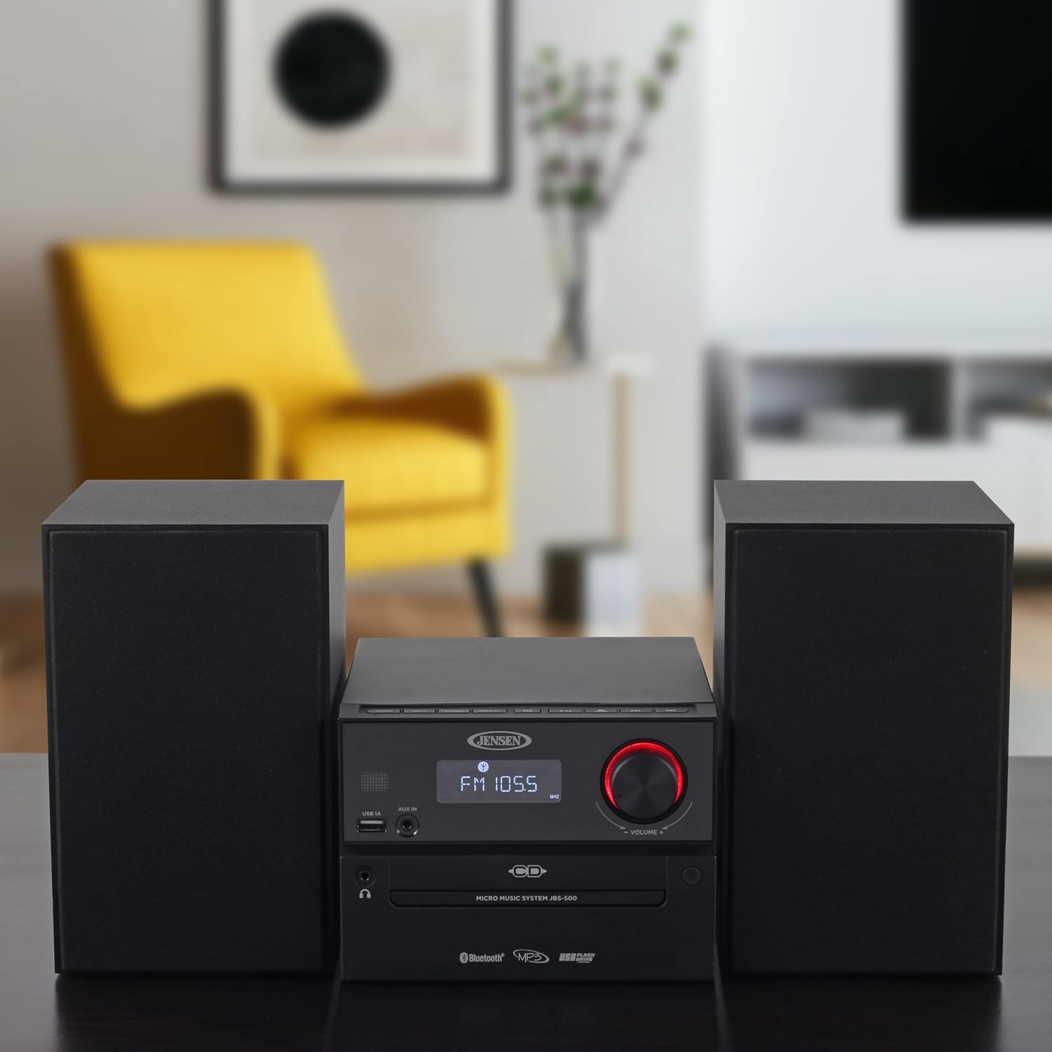 Jensen Professional JBS-500 Modern Bluetooth Wireless Stereo Music System Home CD Player, MP3 USB, Audio in, Headphone Jack, FM Radio, 30W - (Jet Black)