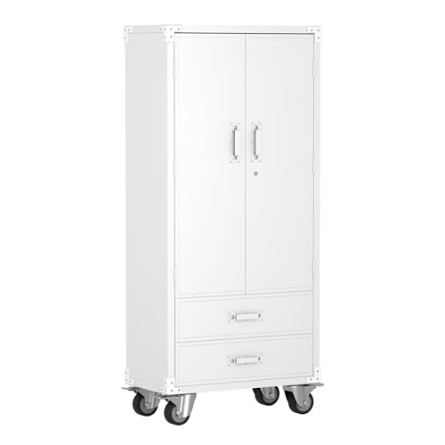 73" H Metal Storage Cabinet with Wheels, Garage Storage Cabinet with 4 Adjustable Shelves and Lockable Doors for Garage Home Office Utility Room,Required Assembly,Black