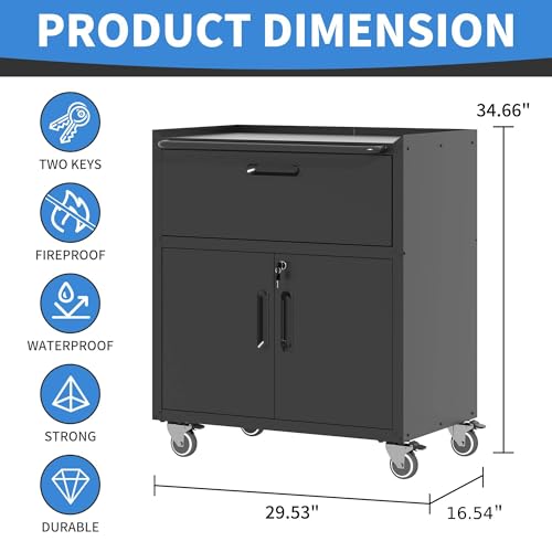 Metal Storage Cabinet with Wheels, Lockable Garage Cabinet with Doors and Shelves, Rolling Tool Storage, Assembly Required, Black