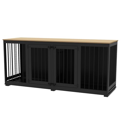 Dog Crate Furniture 71" Heavy Duty Wooden Large Dog Kennel with Trays, Removable Divider, Indoor Furniture Style Dog Crate House W/Double Rooms for Large Medium Small Dogs, White