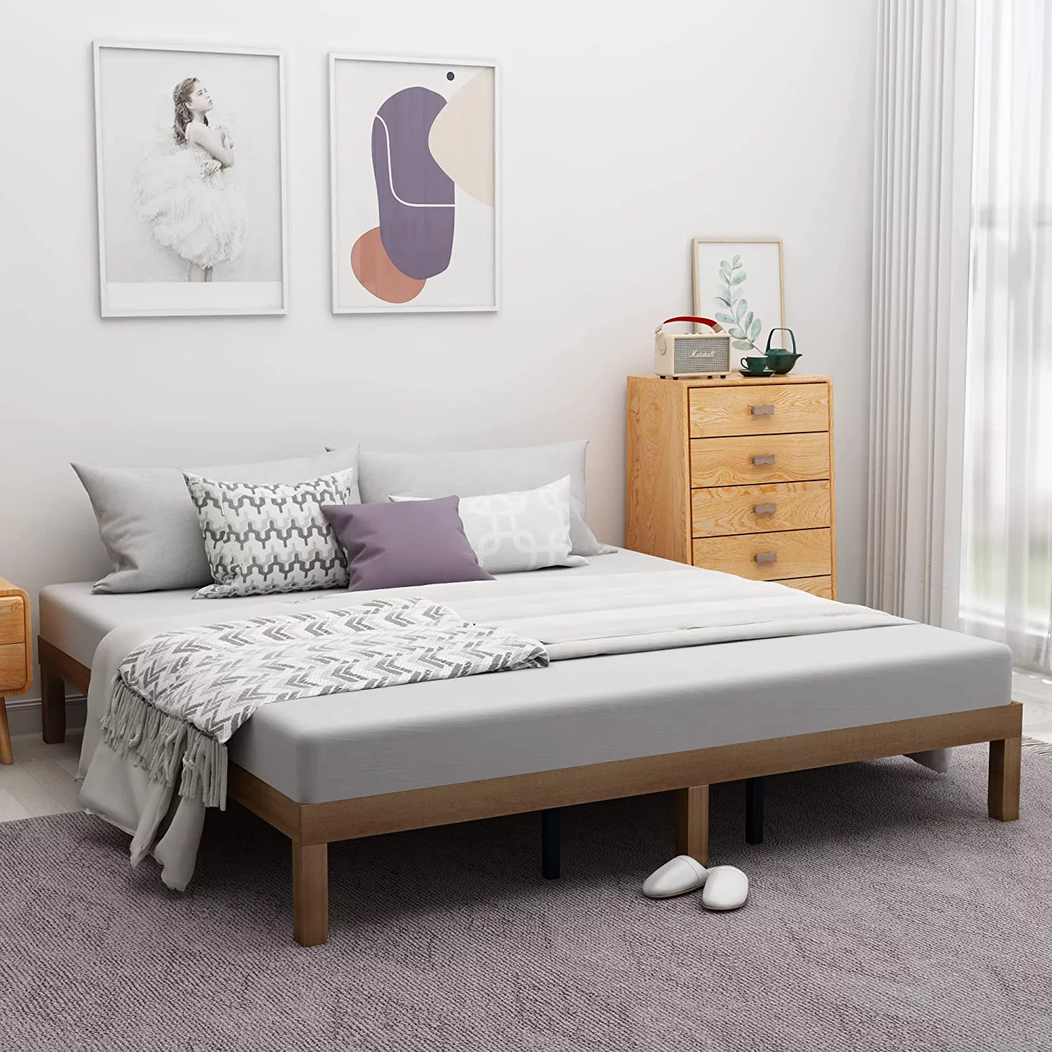 AngLink Queen Size Wood Platform Bedframe - No Headboard Bed Frame with 10 Legs Support, No Box Spring Needed, Strong Wood Slat Support, Easy Assembly丨Natural