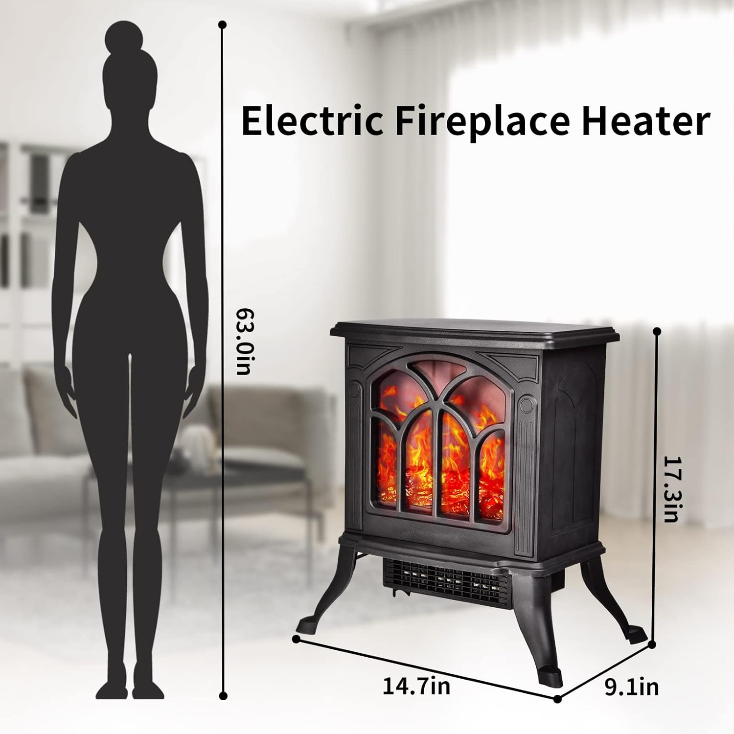 Freestanding Electric Fireplace Heater, 3D Realistic Flame Effect and Overheating Safety Design 800/1500w, Black Faux Space Heater Fireplace Stove for Indoor Use