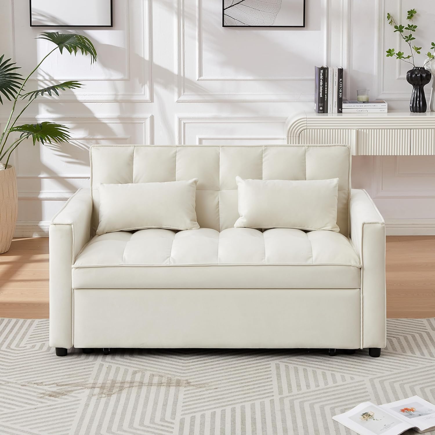 55" Convertible Loveseat Sleeper Sofa Couch Modern Velvet 2 Seater Sofa with Adjustable Backrest & Side Pocket, w/Lumbar Pillows and with Pull-Out Bed for Small Space Living Room Apartment(Ivory)