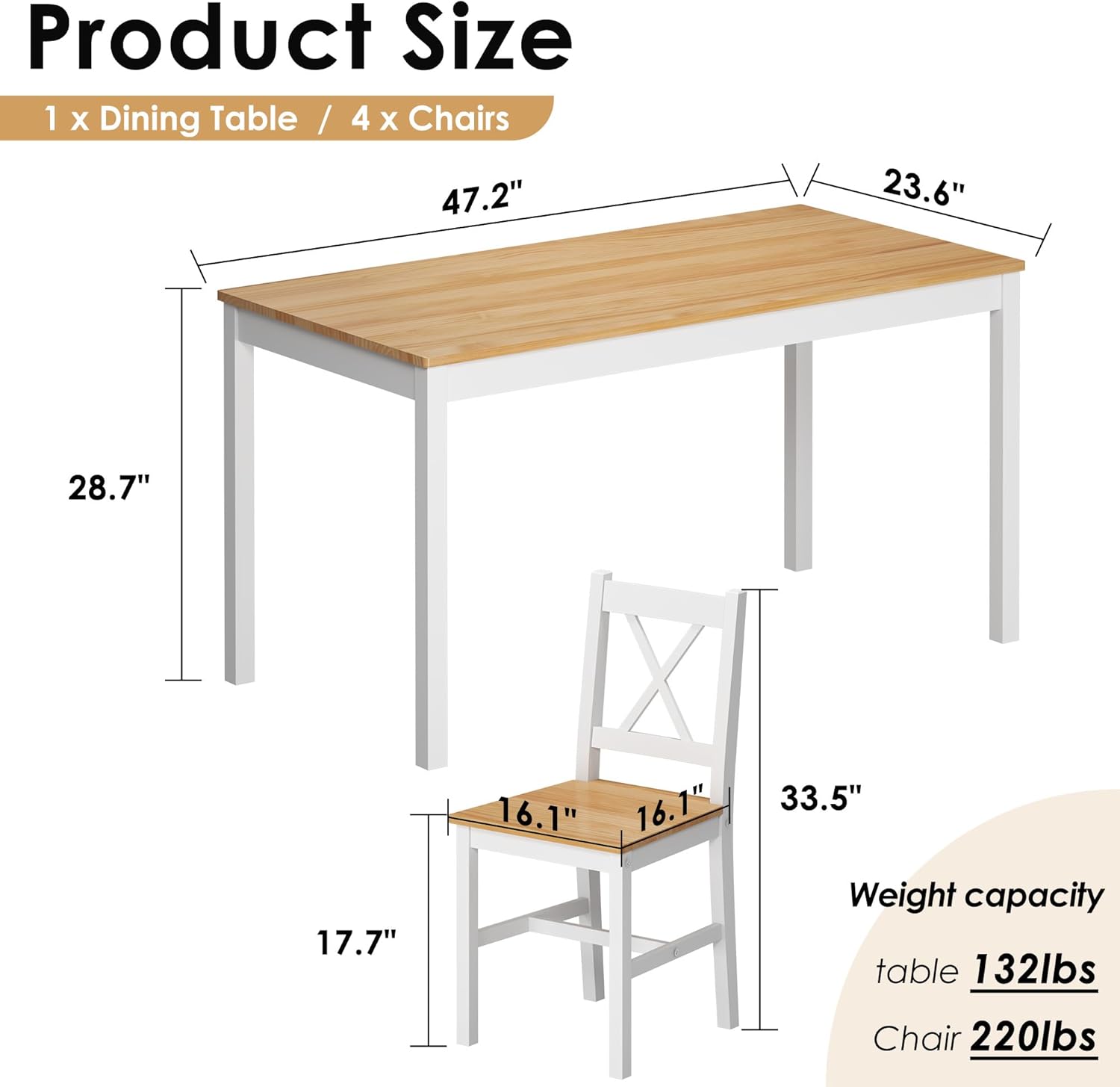 sogesfurniture 47.2" 4-Person Dining Table Set, 5 Pieces Pine Wood Kitchen Table with 4 Chairs,Indoor Modern Rectangular Dining Table Furniture Set for Kitchen, Dining Room, Dinette, Breakfast Nook