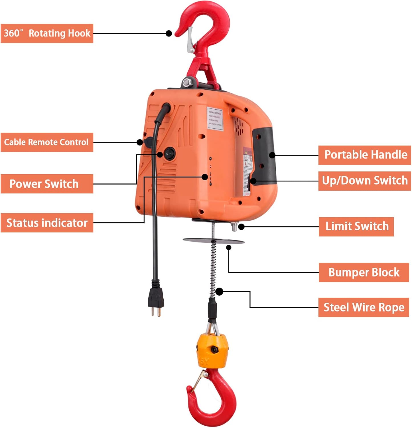 Portable Electric Hoist Winch, 3-in-1 Electric Hoist Winch 1100lb 1500W 110V 120V Power Winch Crane with Remote Control 25 Feet lifting height Lift 16ft/min