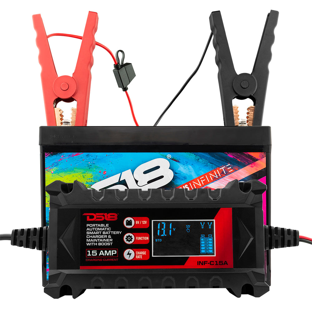 DS18 INF-C15A 6V/12V Portable Automatic Smart Lithium and AGM Car Battery Charger & Maintainer with Boost 15A